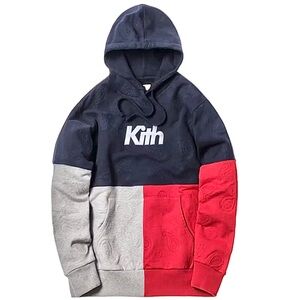 Kith Triblock Hoodie Logo Hooded Sweatshirt Paisley Navy Blue Red Grey XL
